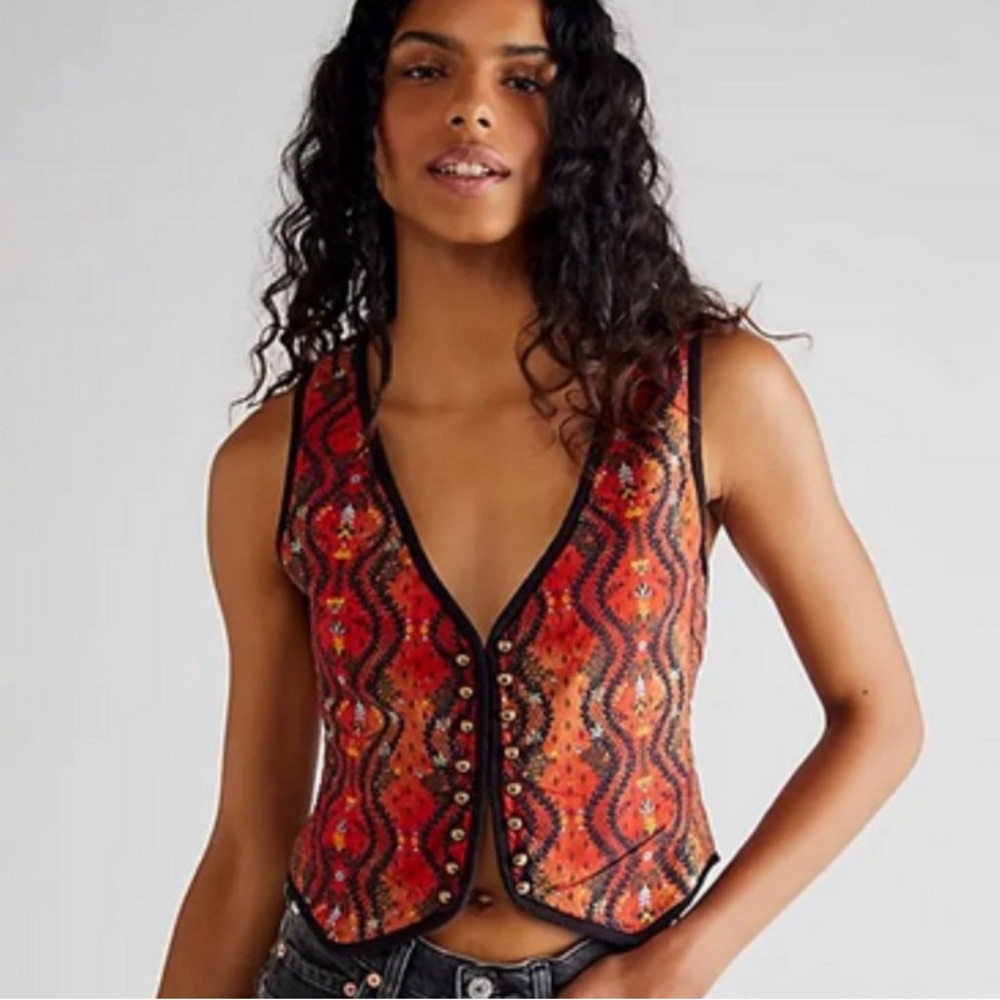 Free People Red and Black Patterned Vest